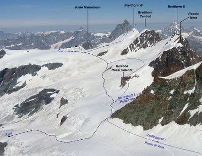 les approches depuis le Klein Matterhorn les approches depuis le Klein Matterhorn