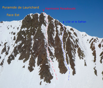 Vue d'en face, les itinéraires de la face Est de la Pyramide de Laurichard (le 24 avril 2023) Vue d'en face, les itinéraires de la face Est de la Pyramide de Laurichard (le 24 avril 2023)