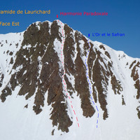 Vue d'en face, les itinéraires de la face Est de la Pyramide de Laurichard (le 24 avril 2023)