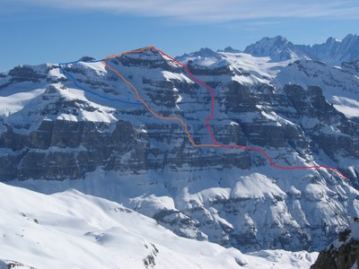 Itinéraire approximatif à partir de la Croix Moccand (rouge = couloir, jaune = face NW, bleu = variante plus facile) Itinéraire approximatif à partir de la Croix Moccand (rouge = couloir, jaune = face NW, bleu = variante plus facile)