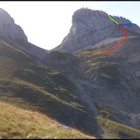 En rouge les parties communes, en bleu l'itinéraire de la vire en vert l'itinéraire du couloir.