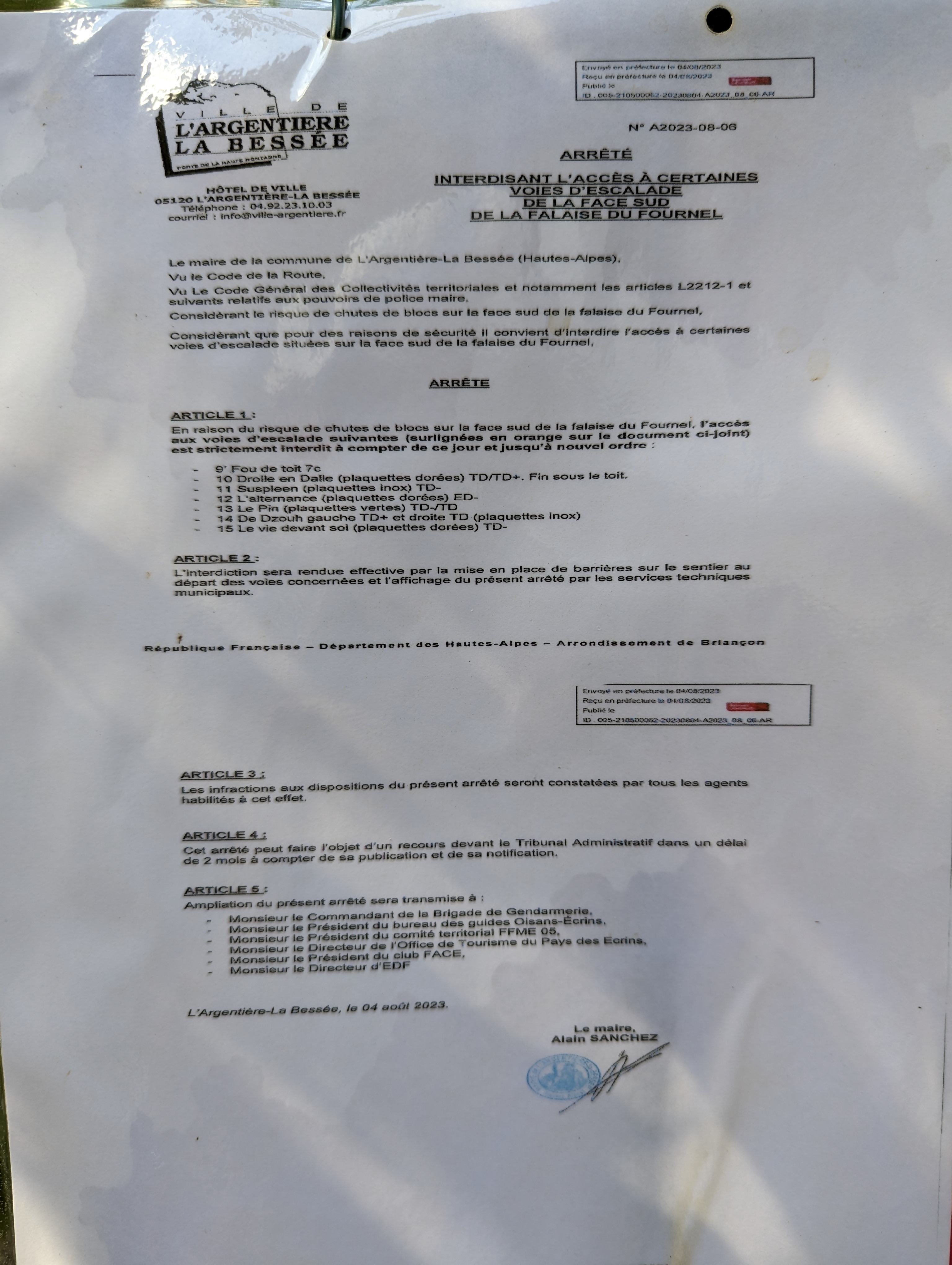 Arrêté municipal d'interdiction temporaire au Fournel.