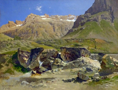 Rochers Rouges, Têtes de Charrière et de la Somme, vus du torrent des Etançons et ses gros blocs à la Bérarde par Laurent Guétal