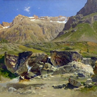 Rochers Rouges, Têtes de Charrière et de la Somme, vus du torrent des Etançons et ses gros blocs à la Bérarde par Laurent Guétal