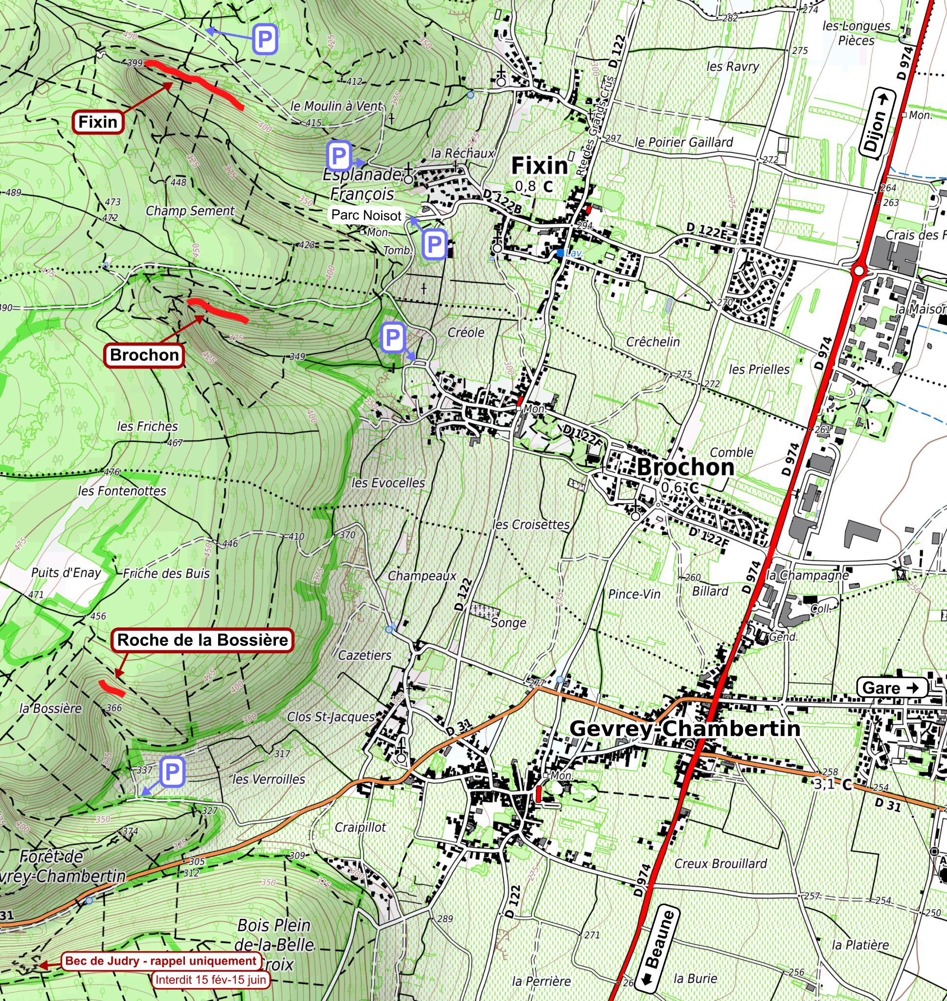 Carte des falaises Brochon, Fixin, Gevrey-Chambertin