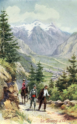 Vallée de la Romanche à Bourg d'Oisans en 1910 par Pierre Comba. Au fond, Belledonne.