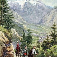 Vallée de la Romanche à Bourg d'Oisans en 1910 par Pierre Comba. Au fond, Belledonne.