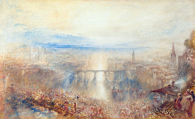 Fête à Zürich au lever du jour sur les Alpes et le lac, par Turner