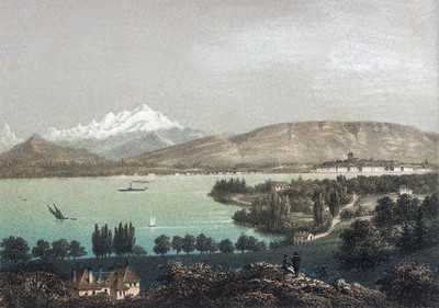 Genève, Mont Blanc, Léman vu de Chambésy en 1860 par Adrien Cuvillier