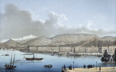 Vue du quai du Mont-blanc à Genève: Léman, Mont Blanc, Salève par Adrien Cuvillier