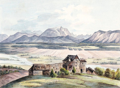 Château Eichbüchl, Katzelsdorf, Vienne Neustadt, par Wilhelm Leifer. Vallée de la Leitha, et au Fond, le Schneeberg. Château Eichbüchl, Katzelsdorf, Vienne Neustadt, par Wilhelm Leifer. Vallée de la Leitha, et au Fond, le Schneeberg.