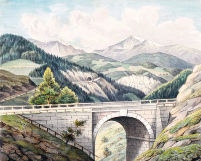 Myrthenbrücke Semmering Passstraße, au fond les sommets de Rax et Schneeberg, par Wilhelm Leifer Myrthenbrücke Semmering Passstraße, au fond les sommets de Rax et Schneeberg, par Wilhelm Leifer