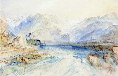 Bellinzona, vue vers l'aval en 1843, par Turner