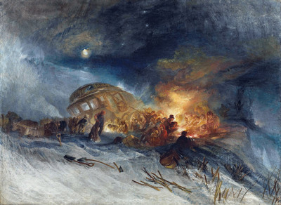 La dilligence le 22 janvier 1829, prise dans la tempête de neige et les congères vers Tarare, juste avant le col du Pin-Bouchain. Par Turner.