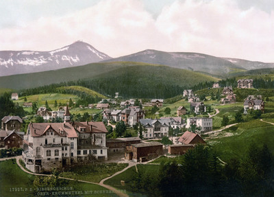 Sněžka / Śnieżka / Schneekoppe vu de Karpacz, en 1900, par Photoglob N°0000017527 Sněžka / Śnieżka / Schneekoppe vu de Karpacz, en 1900, par Photoglob N°0000017527