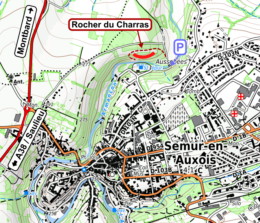 Plan d'accès rocher du Charras (carte libre TOpen25)