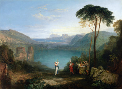 Lac d'Averne par Turner en 1814-1815, à gauche, le Monte Nuovo, au fond, Ischia