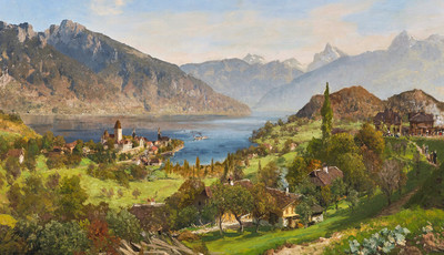 Spiez et le lac de Thoune en 1897 par Edward Theodore Compton, au fond: Wetterhorn, Schreckhorn, Eiger Spiez et le lac de Thoune en 1897 par Edward Theodore Compton, au fond: Wetterhorn, Schreckhorn, Eiger