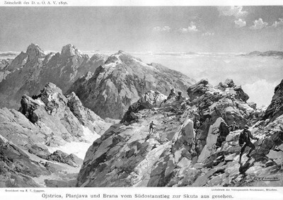 Compton, 1896, Ojstrica, Planjava et Brana - vue depuis la voie SE à la Skuta Compton, 1896, Ojstrica, Planjava et Brana - vue depuis la voie SE à la Skuta