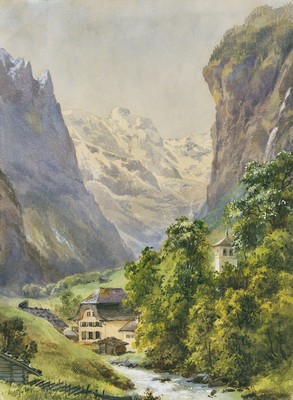 Lauterbrunnen et le Grosshorn au fond, par Edward Theodore Compton en 1880 Lauterbrunnen et le Grosshorn au fond, par Edward Theodore Compton en 1880