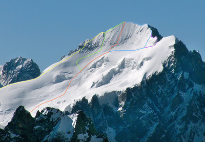 La Face N de la Barre des Ecrins, et les principaux itinéraires d'accès