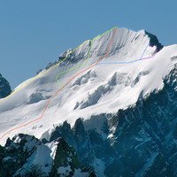 La Face N de la Barre des Ecrins, et les principaux itinéraires d'accès