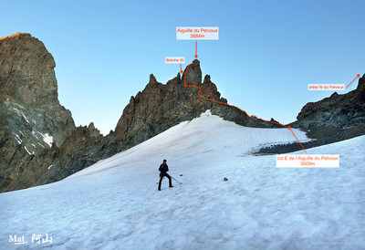 Itinéraire face S Aiguille du Pelvoux depuis le col E (fin de saison) Itinéraire face S Aiguille du Pelvoux depuis le col E (fin de saison)