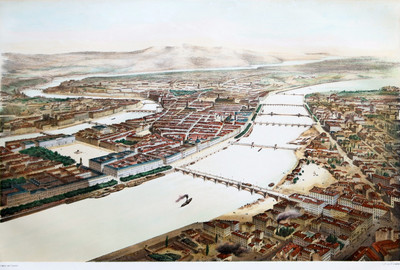 Le Rhône à Lyon en 1850. Au fond, les Monts d'Or Le Rhône à Lyon en 1850. Au fond, les Monts d'Or