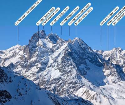  Zoom sur la Meije depuis Ste-Marguerite: Versant E du Pic Gaspard (Glacier Claire) et S/E de la Pointe Nérot (les Pichettes et Clot Boucharet)
