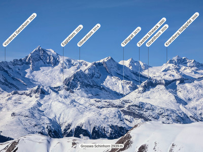 Aletschorn, versant E derrière Eggishorn ; Olmenhorn, Gletschorn, zoom depuis Punta di Valdeserta