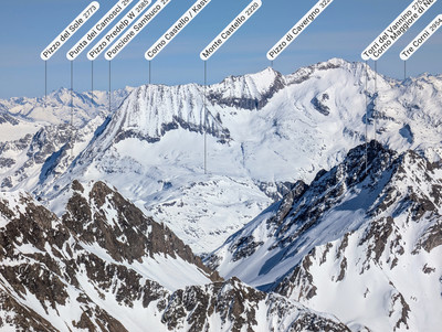 Kastelhorn, Pizzo di Cavergno, Basodino ; devant: P. dei Camosci, zoom depuis P. d'Arbola Kastelhorn, Pizzo di Cavergno, Basodino ; devant: P. dei Camosci, zoom depuis P. d'Arbola
