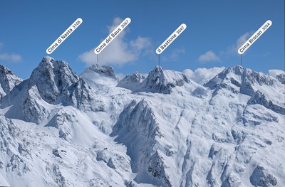 Cima di Nasta, Cima del Baus, Il Bastione, Cima Brocan: versants W (zoom HD de la Tête Sud des Bresses)