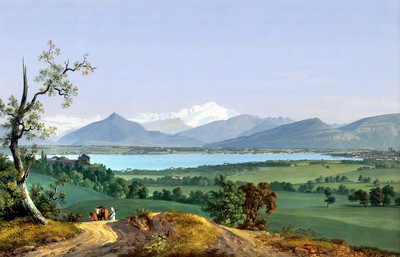 Massif du Mont Blanc, Genève, vus de Morillon (contreforts du Jura) par Jean Antoine Linck, ca 1830 Massif du Mont Blanc, Genève, vus de Morillon (contreforts du Jura) par Jean Antoine Linck, ca 1830
