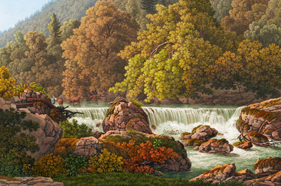 De Bâle à Bienne n° 15 , cascade derrière le Martinet par Peter Birmann De Bâle à Bienne n° 15 , cascade derrière le Martinet par Peter Birmann