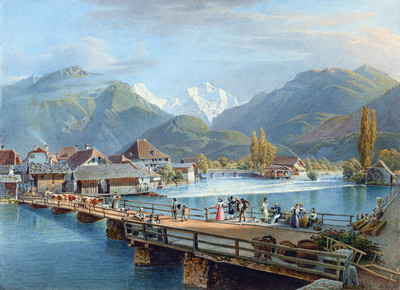 Unterseen, Mönch, Jungfrau, en 1845, par Gabriel Lory fils Unterseen, Mönch, Jungfrau, en 1845, par Gabriel Lory fils