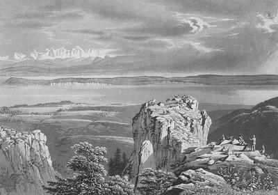 Alpes bernoises, lac de Neuchatel, vus du rocher de la Tablette sur la montagne de la Tourne, en 1827, par Gabriel Lory fils Alpes bernoises, lac de Neuchatel, vus du rocher de la Tablette sur la montagne de la Tourne, en 1827, par Gabriel Lory fils