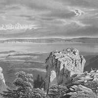 Alpes bernoises, lac de Neuchatel, vus du rocher de la Tablette sur la montagne de la Tourne, en 1827, par Gabriel Lory fils