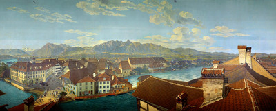 Thun-panorama en 1814, Blümlisalp, lac de Thoune, Niesen, Stockhorn, par Marquard Wocher Thun-panorama en 1814, Blümlisalp, lac de Thoune, Niesen, Stockhorn, par Marquard Wocher