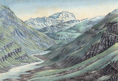 Haut val de Bagne, actuellement noyé sous les eaux du barrage de Mauvoisin, Mont Gelé, par Hans Conrad Escher Haut val de Bagne, actuellement noyé sous les eaux du barrage de Mauvoisin, Mont Gelé, par Hans Conrad Escher