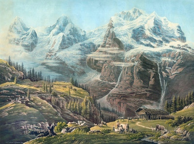 Jungfrau, Mönch, Eiger, vus de Mürren par Johan Jacob Meyer (Meier)