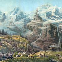 Jungfrau, Mönch, Eiger, vus de Mürren par Johan Jacob Meyer (Meier)