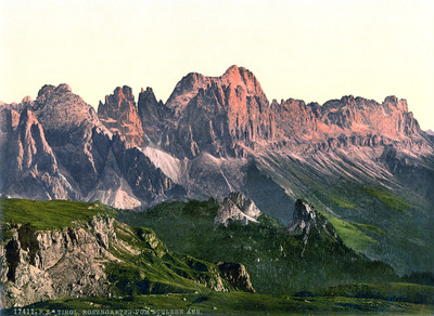 Rosengarten vu de Schlern, en 1900 par Photoglob N°0000017412 Rosengarten vu de Schlern, en 1900 par Photoglob N°0000017412