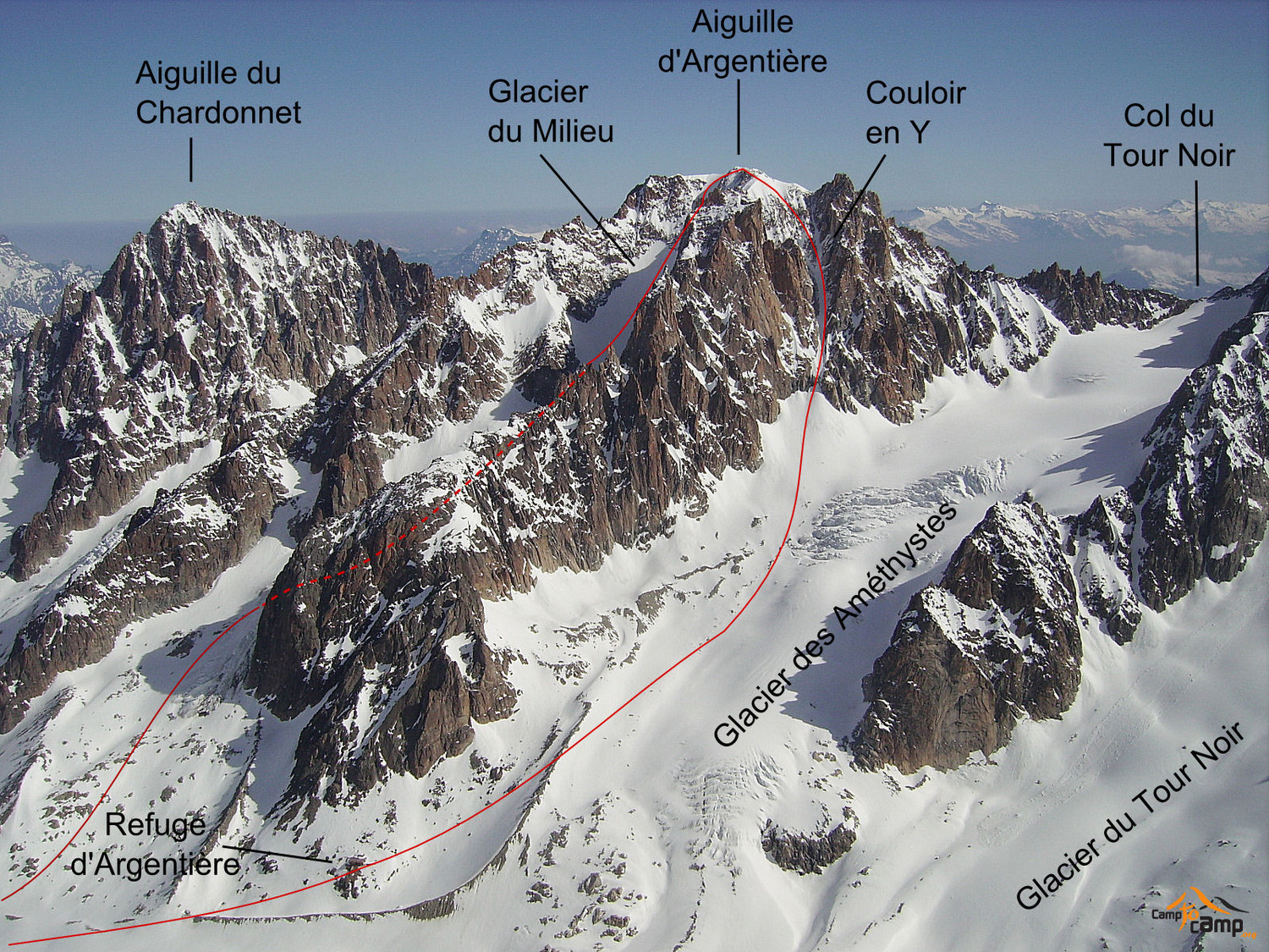 Aiguille d'Argentière, couloir en Y, traversée glacier du Milieu ...